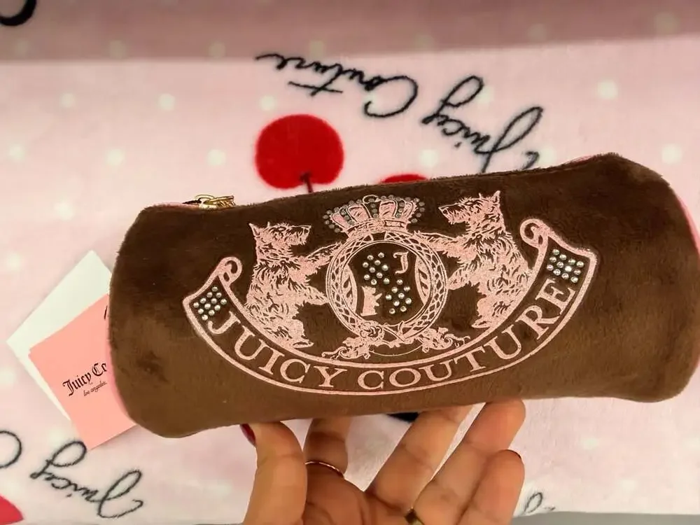 Juicy Couture Brown Velvet Barrel Makeup Bag with Pink Crest and Rhinestones NWT
